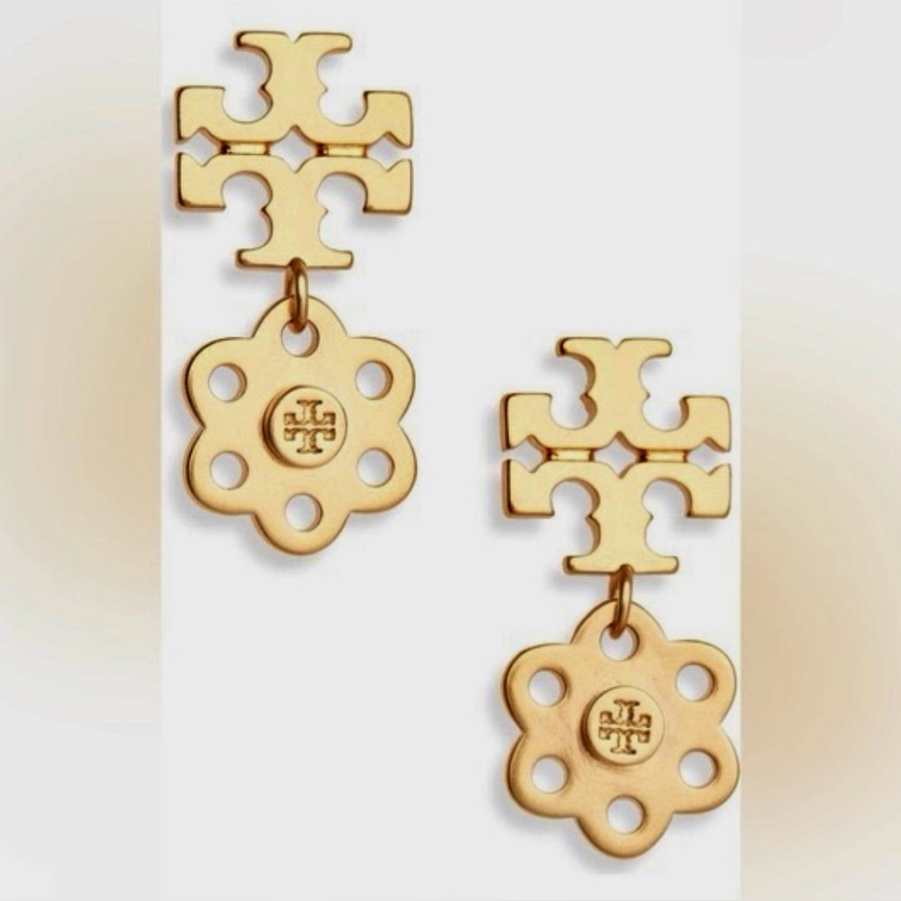New Auth. TORY BURCH Gold Logo Charm Drop Earrings on TB Earring Card